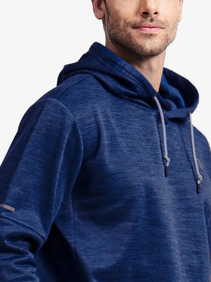 Close-up front view from nose to chest showing Soft Heather Hoodies Pullover in COBALT HEATHER
