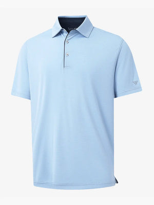 3D view highlighting Modern Fit Melange Polo in LIGHT BLUE HEATHER, showcasing fabric weave and fit.