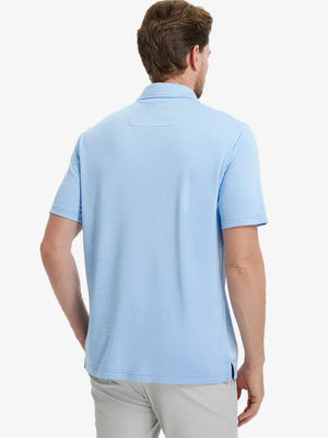 Rear half-body view of Modern Fit Melange Polo in LIGHT BLUE HEATHER, showing neat fit and fabric details.