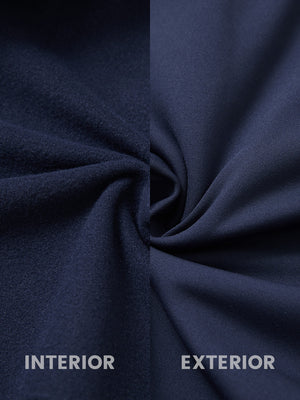 Inside and outer fabric close-up of navy ultra-soft brushed fleece lining quarter zip sweatshirt, soft fleece.
