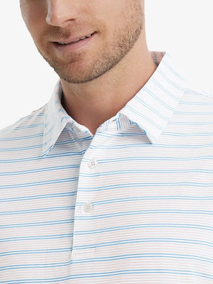 Pink Blue Stripe Performance Stripe Golf Shirt – close-up front from model’s nose to chest