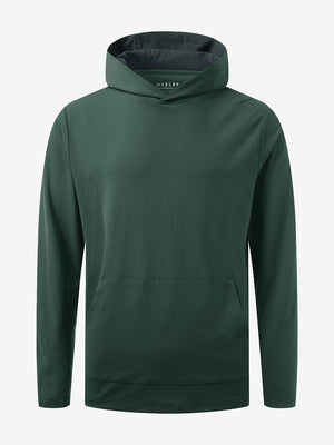 3D front view of youth long sleeve hoodied with kangaroo pocket in forest green, showing clean design.