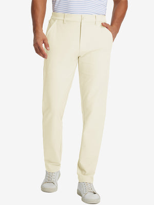 Lightweight flat front casual trousers in beige, front lower-body view with a clean tailored fit.