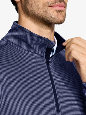 Front view from nose to chest of model wearing Pinstripe Quarter Zip Pullover – NAVY MELANGE