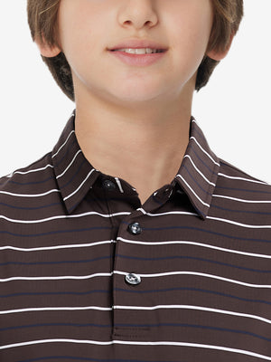 Close-up of collar on trendy boys stripe polo shirts, neat stitching with brown stripe accent