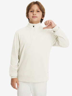Youth Winter Micro-fleece Quarter Zip Pullover in beige, youth model front upper body view