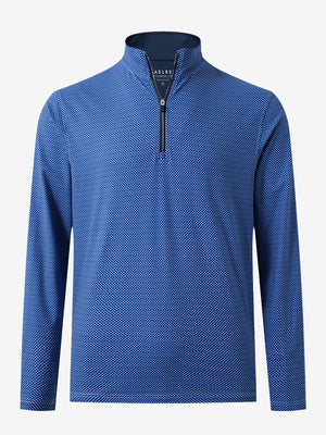 Front 3D view of Full print lightweight quarter zip pullover in cobalt wave with vivid pattern