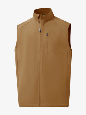 Front 3D view of windproof golf vests with zip pockets, clean shape with modern brown finish