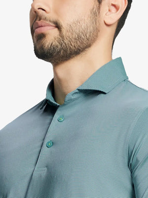 GREEN ASH STRIPE Pinstripe Jersey Performance Polo front view from nose to chest								
