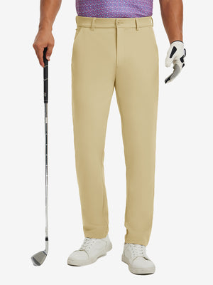 Water-resistant golf stretch nylon pants in khaki, front lower-body view showing clean athletic fit.