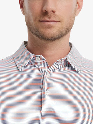 Navy Red Stripe Performance Stripe Golf Shirt – close-up front from model’s nose to chest