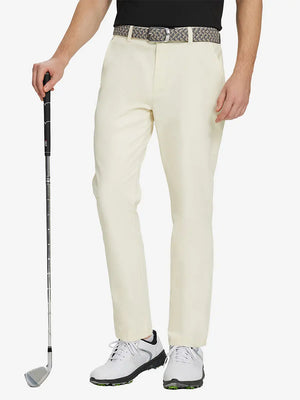 BEIGE Water Resistant Everyday Pants front view, model's lower body holding a golf club