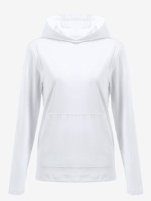 3D front view of women's lightweight hoodies pullover in white, showing clean and sporty look.