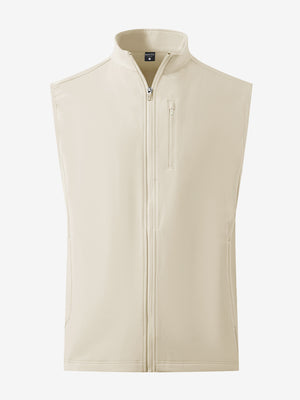 Water-resistant fleece golf vests in light khaki, front 3D view highlighting clean structure and fabric