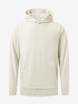 3D front view of youth long sleeve hoodied with kangaroo pocket in cream, showing clean design.