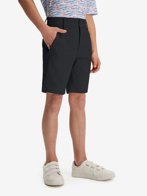 Front lower body in black boys lightweight dry fit flat front golf shorts