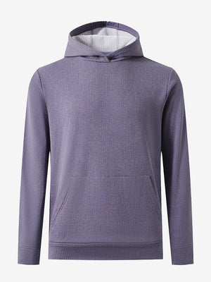 Front 3D view of warm fleece golf hoodies pullover in purple, showing full garment design.