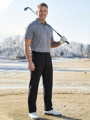 Model carrying a golf club on shoulder, styled in water-resistant fleece lined pants with black