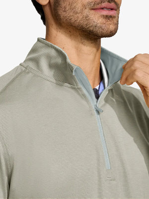 Front view from nose to chest of model wearing Pinstripe Quarter Zip Pullover – DARK KHAKI MELANGE