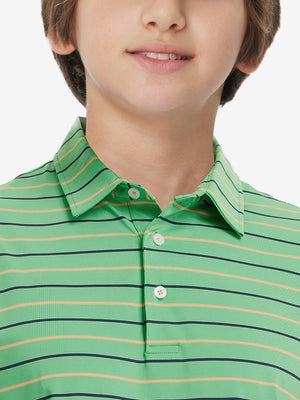 Close-up of collar on trendy boys stripe polo shirts, neat stitching with green stripe accent
