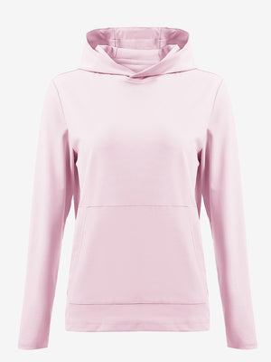3D front view of women's lightweight hoodies pullover in pale pink, showing clean and sporty look.