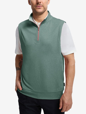 Upper body front view of model wearing dark green melange lightweight sleeveless quarter zip golf vest
