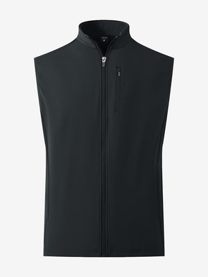 Water-resistant fleece golf vests in black, front 3D view highlighting clean structure and fabric