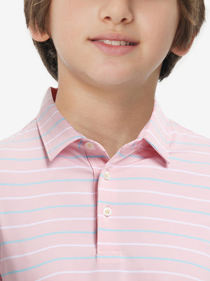 Front upper collar view of kids stylish stripe polo shirts, neat placket in light pink stripe tone