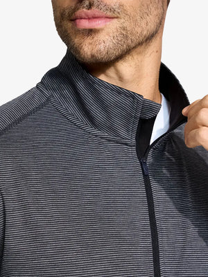 Front view from nose to chest of model wearing Pinstripe Quarter Zip Pullover – BLACK GREY MELANGE