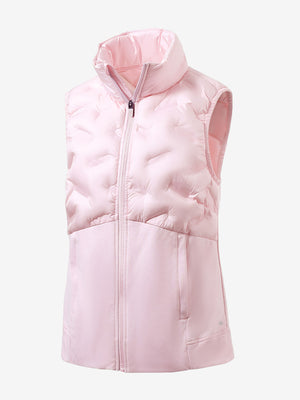 Women's lightweight slim-fit puffer vest in light pink, front 3D view with clean quilt lines