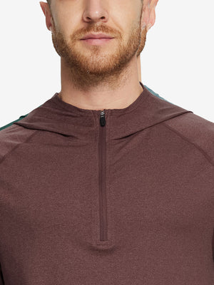 Close-up of collar detail from nose to chest, highlighting fabric and stitching of Brick Heather hoodie.