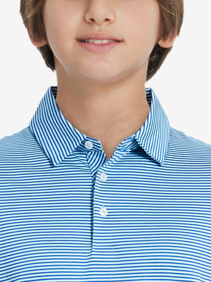 Front view of youth wearing aqua stripe performance cooling polo, showing collar and chest fit