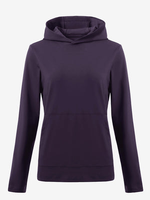 3D front view of women's lightweight hoodies pullover in dark purple, showing clean and sporty look.