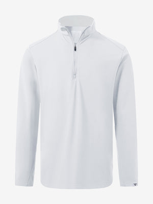 Front 3D view of Fleece lined golf quarter zip in white with structured design