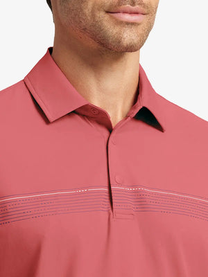 Front half-body view from nose to chest of model wearing CRANBERRY Stylish Chest Print Snap Polo