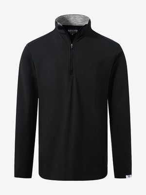 Front 3D view of Fleece lined golf quarter zip in black with structublack design
