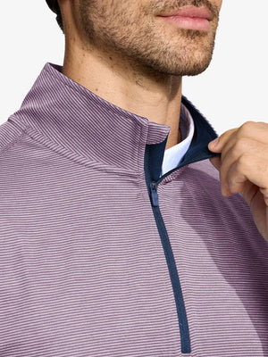Front view from nose to chest of model wearing Pinstripe Quarter Zip Pullover – WISTFUL MAUVE MELANGE