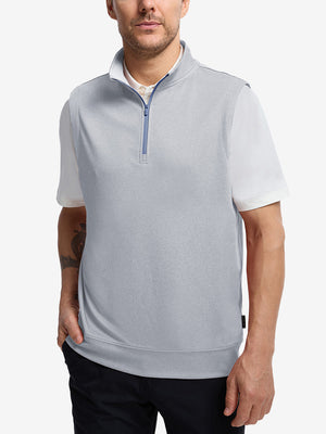 Upper body front view of model wearing lunar rock melange lightweight sleeveless quarter zip golf vest