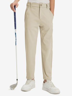 Boys Stretch Fleece Lined Casual Golf Pants in light khaki, front lower body view with golf club
