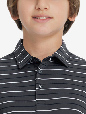 Close-up of collar on trendy boys stripe polo shirts, neat stitching with dark grey stripe accent