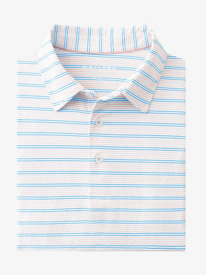 Folded Pink Blue Stripe Performance Stripe Golf Shirt displayed flat