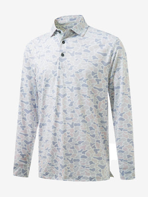 3D front view of the lightweight print long sleeve polo in brown & gray camo, modern and athletic design.