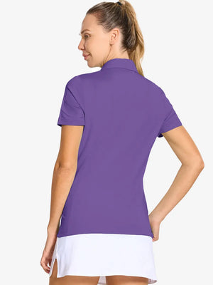 Back-side half-body shot of model in PURPLE Women's Performance Solid Polo, looking over shoulder