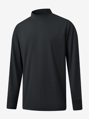 3D front display of Men’s Long Sleeve Mock Turtleneck Shirt in Black, clean and modern fit.