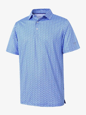 3D flat lay of BLUEJAY NAVY DOGS polo highlighting playful dog pattern and texture