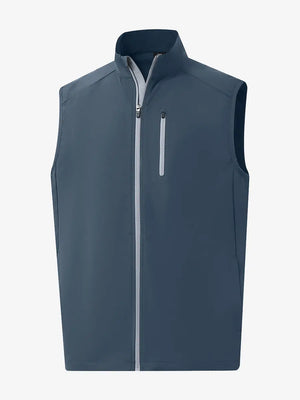3D view of the misty blue windproof golf vest, emphasizing its fresh design and functional zippered pockets