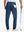 Back view of lightweight flat front casual trousers, showing structure and fit in blue indigo.