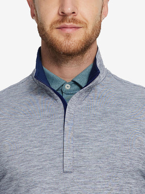 Heather Pinstripe Brushed Dry Fit Quarter Zip Pullover in navy, front chest detail showing brushed fabric and pinstripe texture