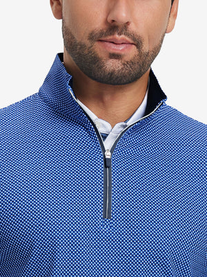 Upper front detail of Full print lightweight quarter zip pullover showing cobalt wave accents