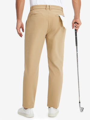 Model holding a golf club with one hand, back lower body shot wearing khaki water-resistant stretch heat-tech winter trousers